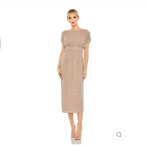 Mac Duggal Dresses Mac Duggal Beige Beaded Cap Sleeve Dress